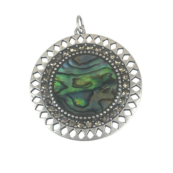 Round Silver Pendant With Abalone Shell & Rhinestone Accents 2 Inch Diameter - Picture 4 of 6